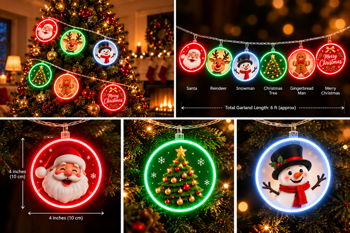 Christmas neon ornament garland – 6 designs, 4 inch ornaments, 6 ft garland length