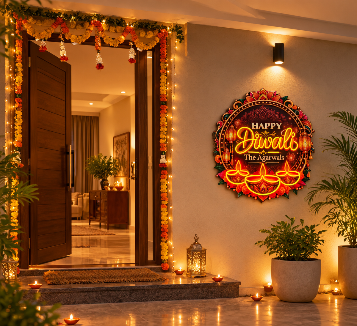 Custom Name Diwali Diya Neon with Glowing Motion Flames – at a home entrance