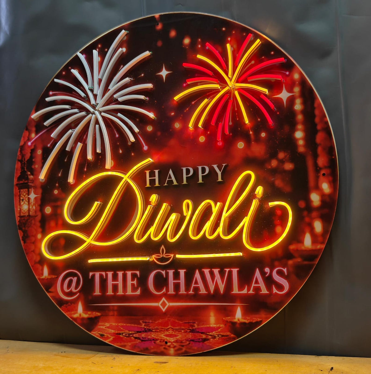 Custom Name Diwali Celebration Neon with Moving Fireworks