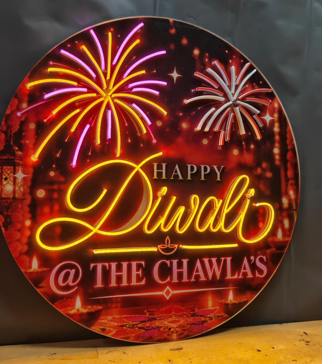 Custom Name Diwali Celebration Neon with Moving Fireworks