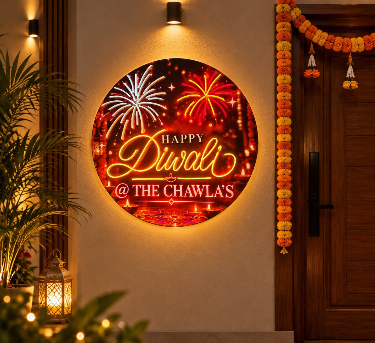 Custom Name Diwali Celebration Neon with Moving Fireworks – at a home entrance
