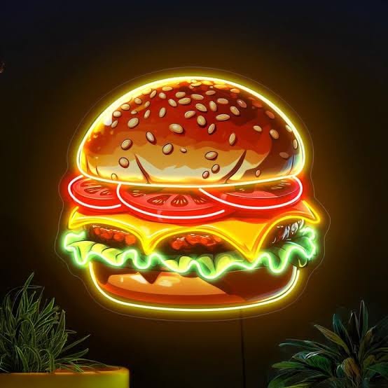 Classic Burger Neon Sign – Multicolor LED Hamburger Wall Light for Restaurant & Café Neonsignsindia