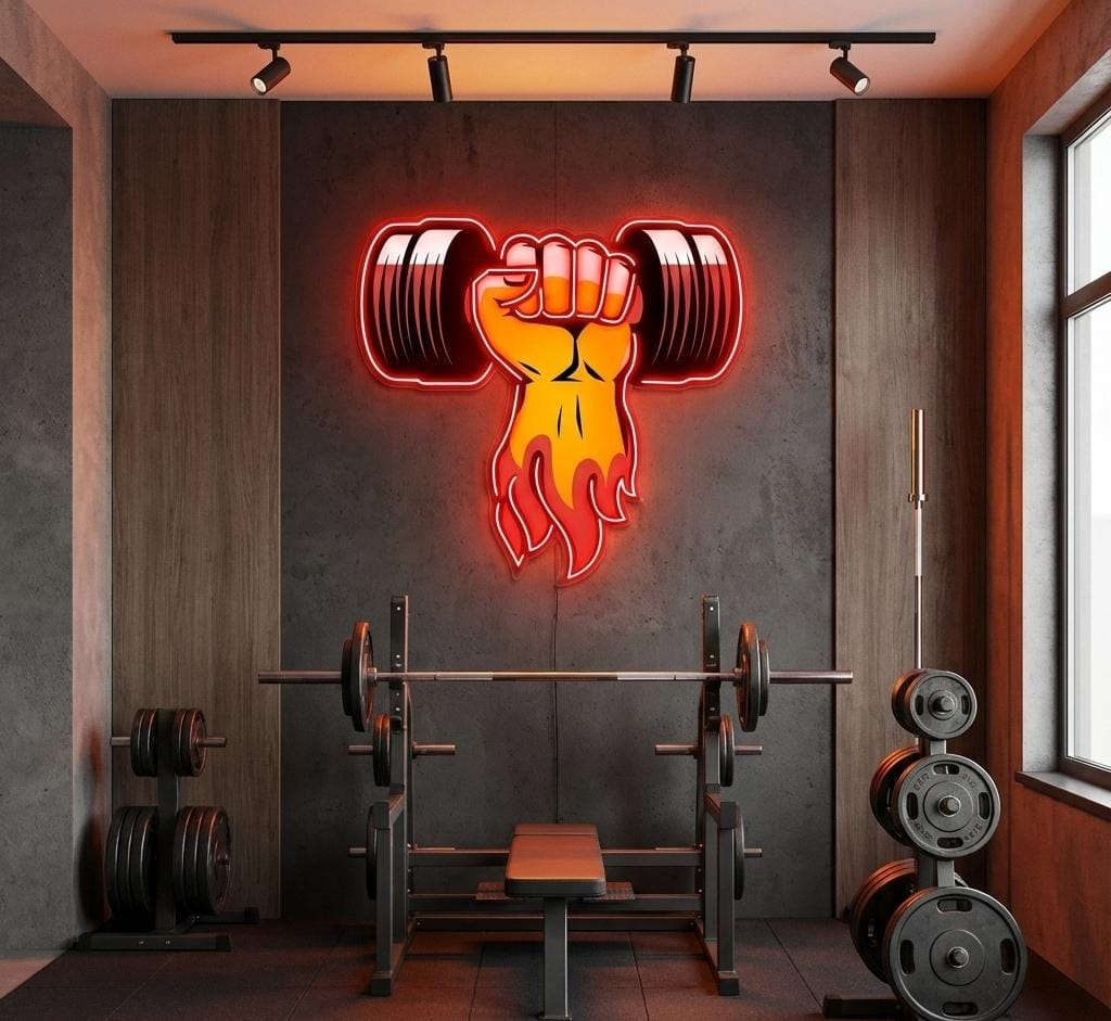 Flaming Dumbbell Neon Sign – Gym Motivation LED Light Neonsignsindia