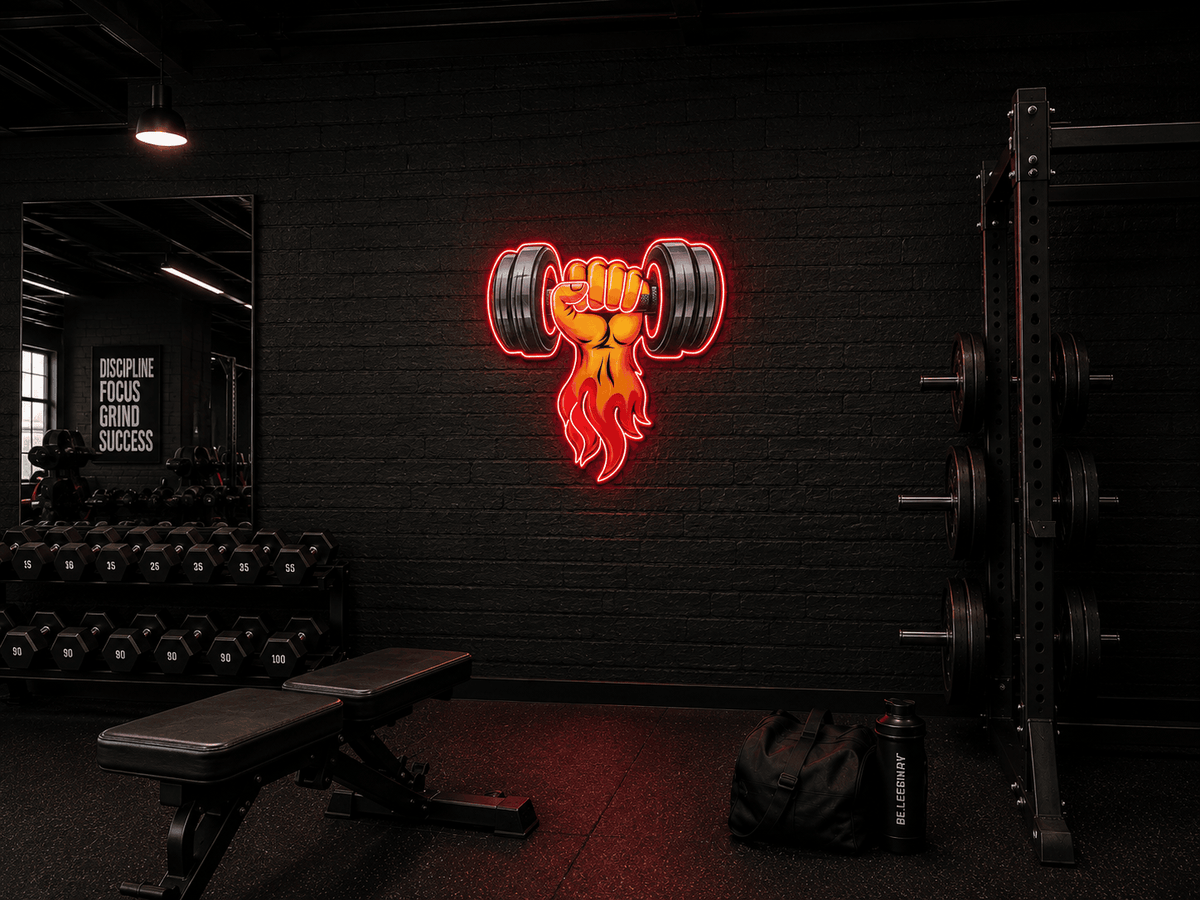 Flaming Dumbbell Neon Sign – Gym Motivation LED Light Neonsignsindia
