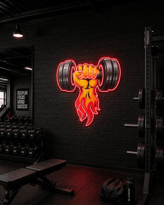 Flaming Dumbbell Neon Sign – Gym Motivation LED Light Neonsignsindia