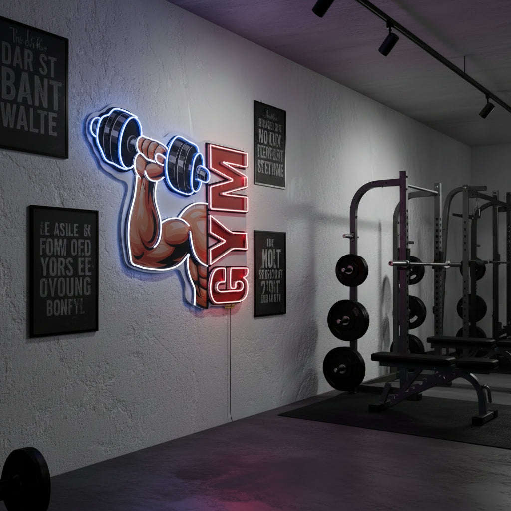 Gym LED Neon Wall Art – Dumbbell & Muscle UV Print Neon Sign for Fitness Center & Home Gym Neonsignsindia