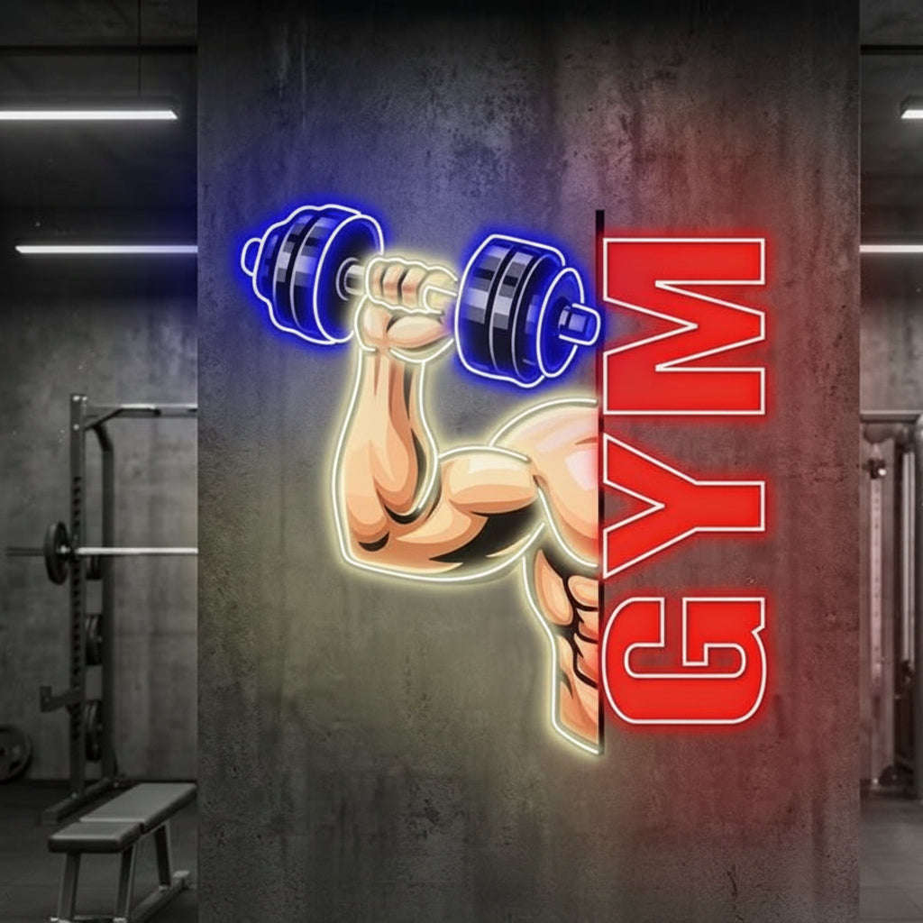 Gym LED Neon Wall Art – Dumbbell & Muscle UV Print Neon Sign for Fitness Center & Home Gym Neonsignsindia