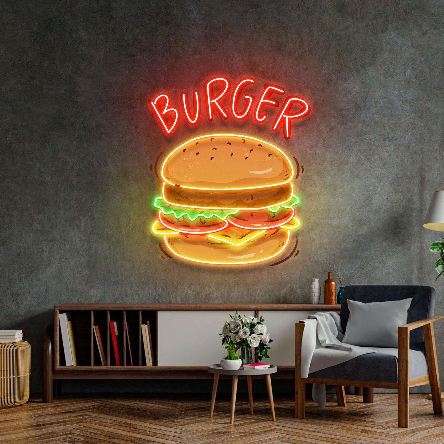 Hamburger LED Neon Acrylic Artwork – Pop Art Neon Sign for Restaurant & Cafe - LED Neon Sign