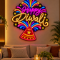 Happy Diwali fireworks neon sign above a sofa in a cosy living room