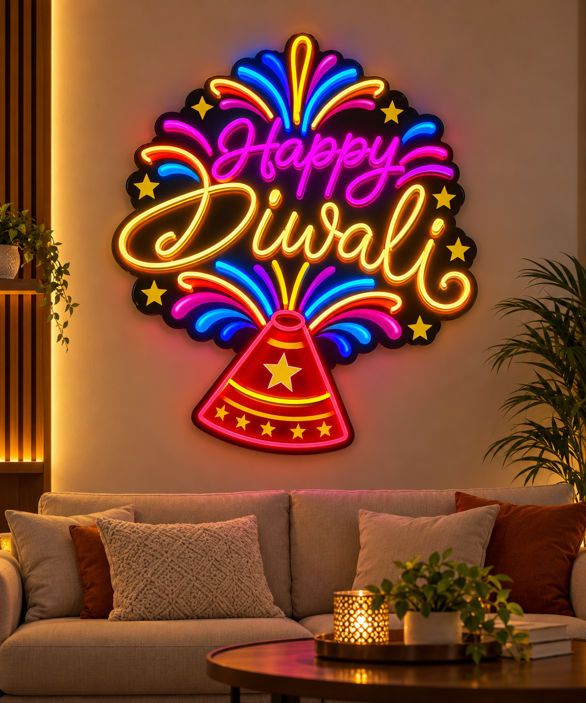 Happy Diwali fireworks neon sign above a sofa in a cosy living room