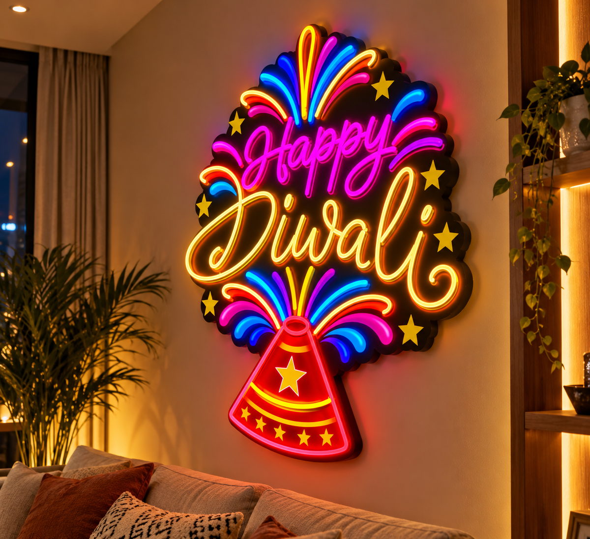 Happy Diwali anaar firecracker neon sign glowing on a living room wall