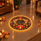 Happy Diwali LED rangoli with elephants and lotus glowing in a living room