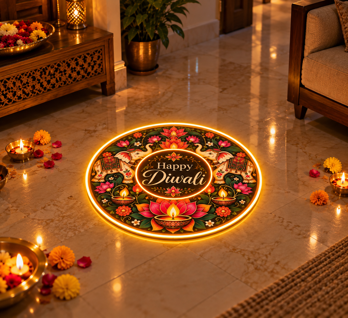 Happy Diwali LED rangoli with elephants and lotus glowing in a living room