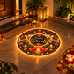 Glowing Happy Diwali LED rangoli placed at a home entrance with diyas