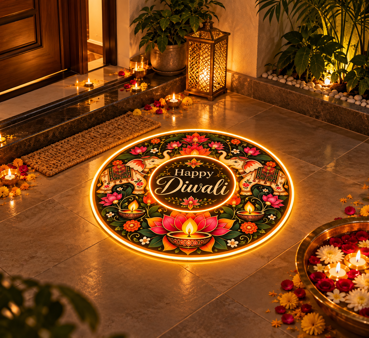 Glowing Happy Diwali LED rangoli placed at a home entrance with diyas