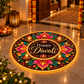 Happy Diwali LED rangoli with lotus flowers and diyas glowing at a home entrance