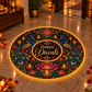 Happy Diwali LED rangoli with peacocks and lotus glowing in a festive entryway