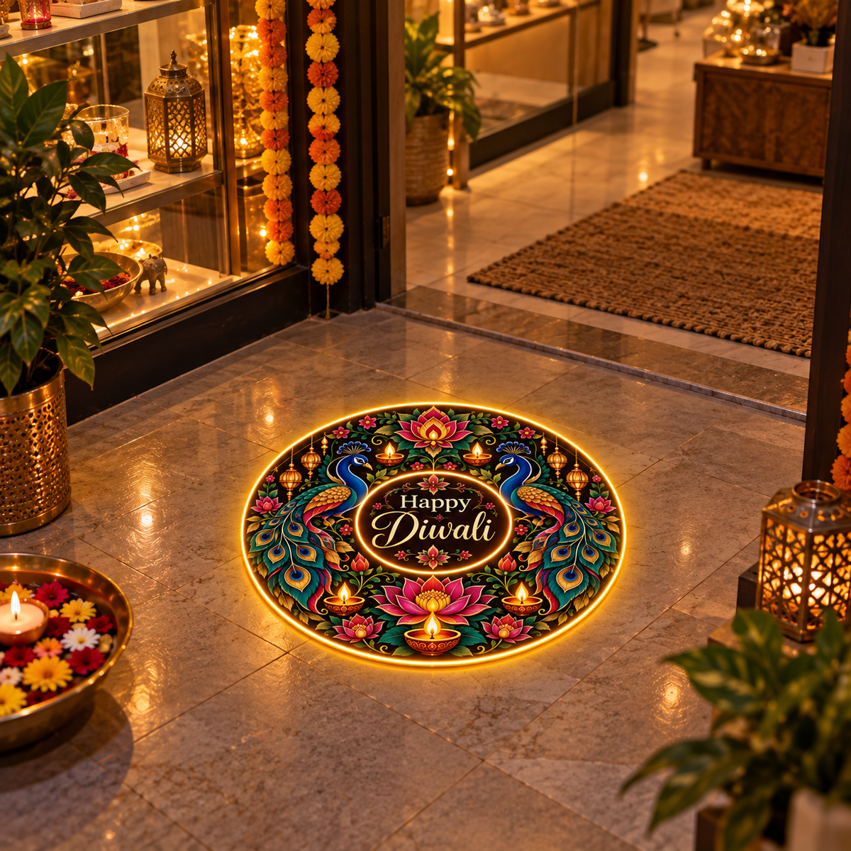 Glowing peacock and lotus Happy Diwali LED rangoli at a shop entrance