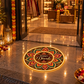 Glowing petal mandala Happy Diwali LED rangoli at a boutique entrance