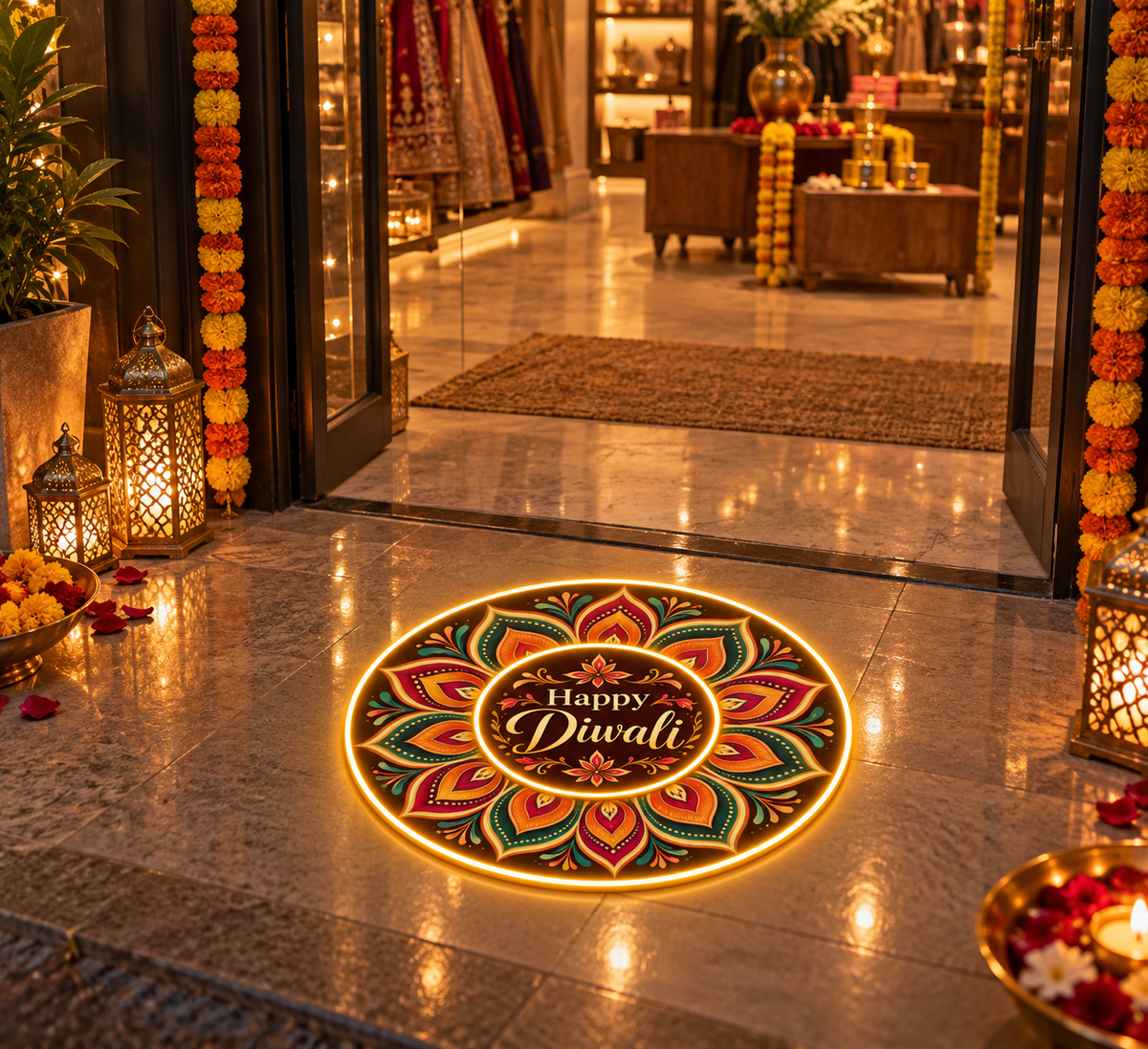 Glowing petal mandala Happy Diwali LED rangoli at a boutique entrance