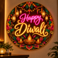 Round Happy Diwali neon wall sign with lanterns, diyas and marigold art