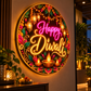 Glowing round Happy Diwali neon sign mounted on a living room wall