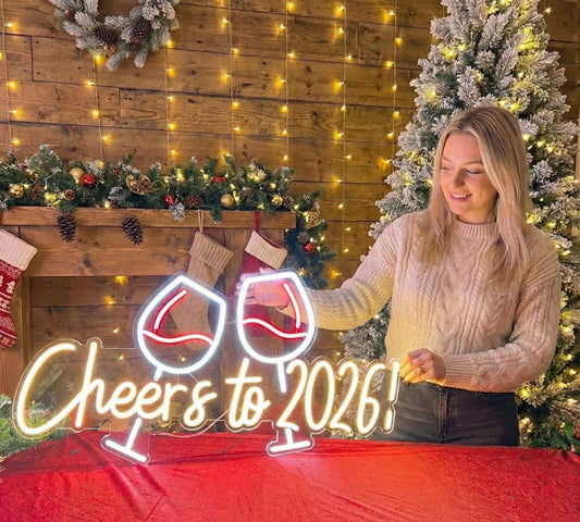 Happy new year "Cheers to 2026!" LED Neon Sign with Wine Glasses (15x36 inches) Neonsignsindia
