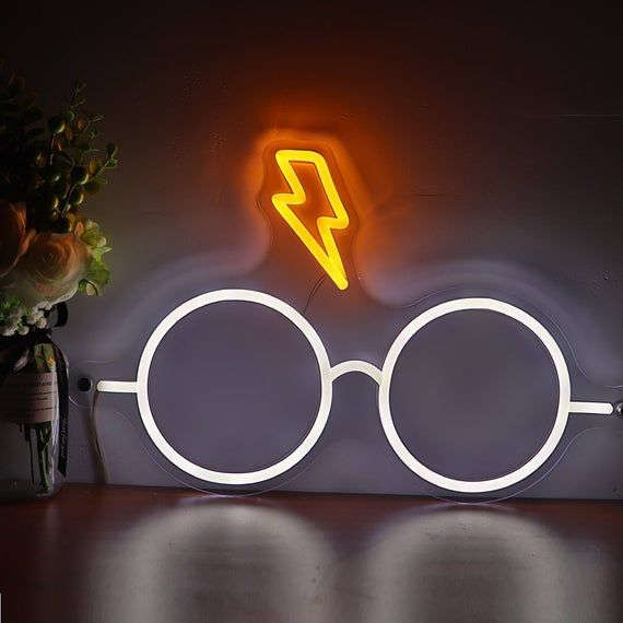 Harry Wizard Glasses Neon Sign with Lightning Bolt – Magical Wall Decor - LED Neon Sign