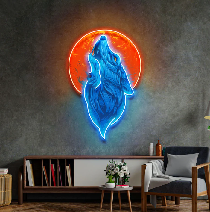 Howling Wolf Neon Sign – Blue LED Wall Art with Fiery Moon game room Neonsignsindia
