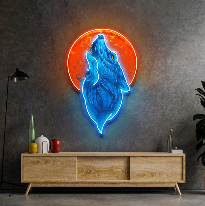Howling Wolf Neon Sign – Blue LED Wall Art with Fiery Moon game room Neonsignsindia