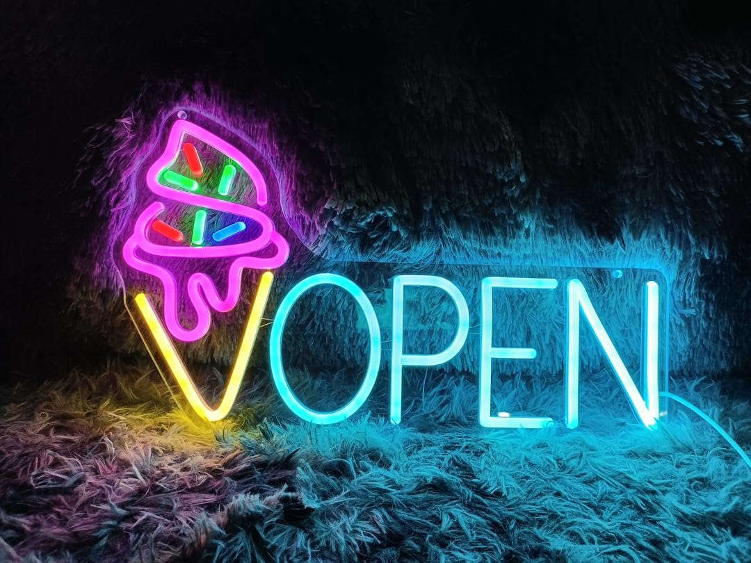 Ice Cream Sign Ice cream shop signs Ice cream Bar sign ice cream light Open Sign Ice Cream Decor neon signs ice cream light up Shop (16.5x9.75'', Ice Blue) Neonsignsindia