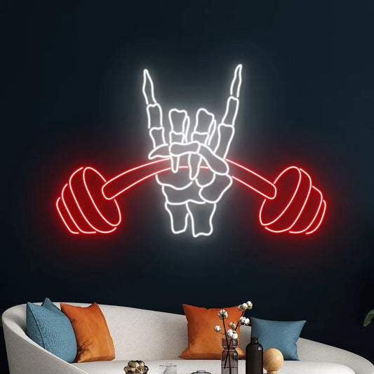Rock On Barbell LED Neon Sign | Gym Wall Light for Fitness & Weightlifting Décor