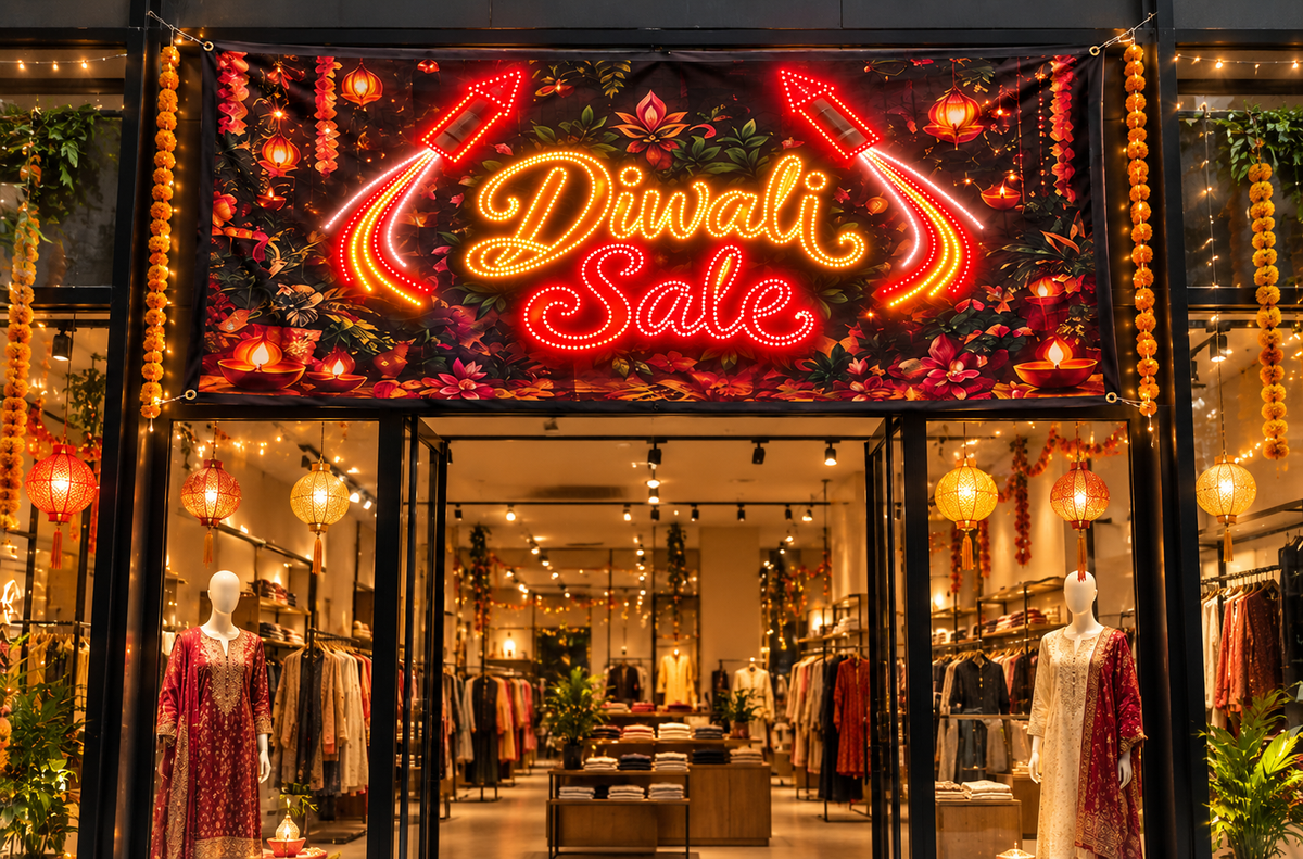 Diwali Sale flex LED sign over boutique storefront