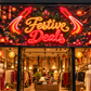 Festive Deals flex LED sign over boutique storefront