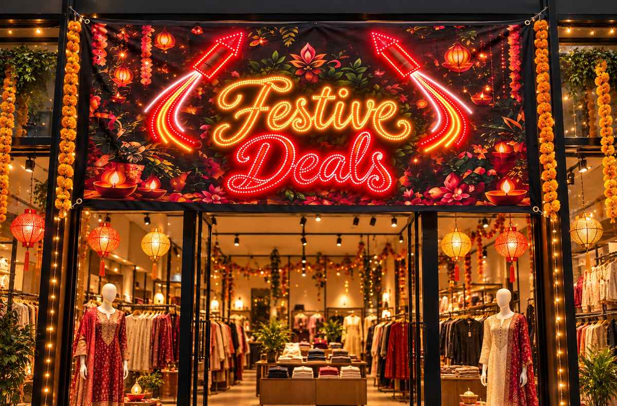 Festive Deals flex LED sign over boutique storefront