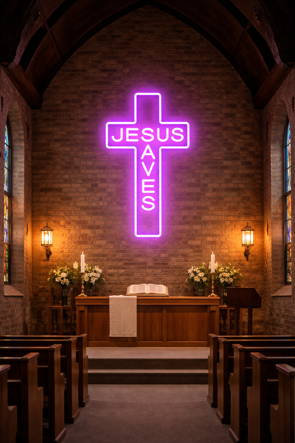 Jesus Saves Neon Cross Light – Purple LED Neon Sign for Church, Prayer Hall & Christian Wall Décor Neonsignsindia