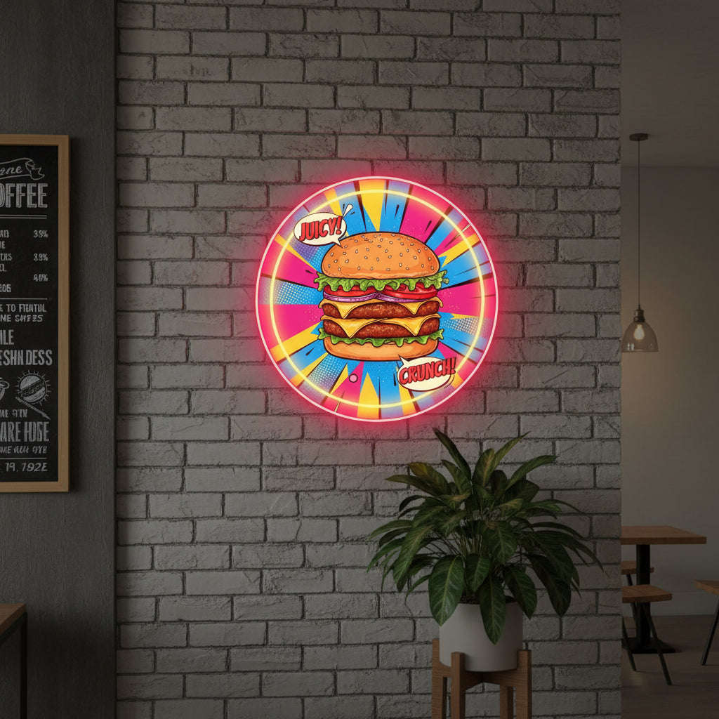Burger UV Print Neon Sign (18x18 inches)🍔✨ Neonsignsindia