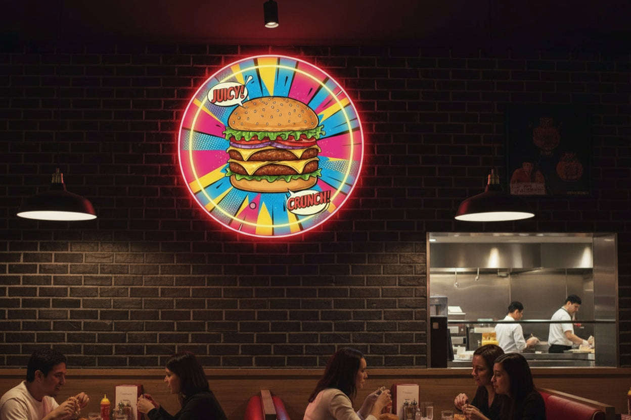 Burger UV Print Neon Sign (18x18 inches)🍔✨ Neonsignsindia