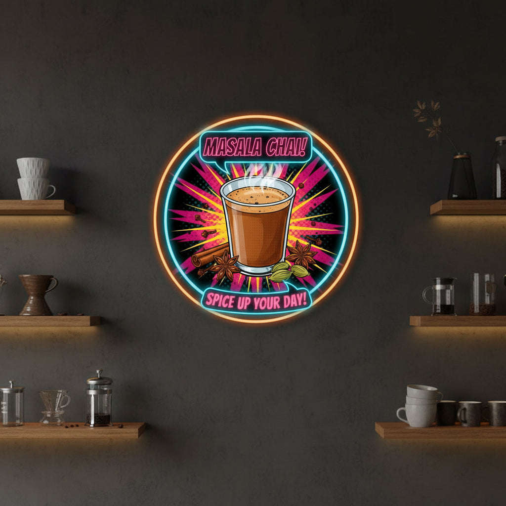 Neon-style advertisement for Masala Chai with a cup of tea, spices, and text on a black background.