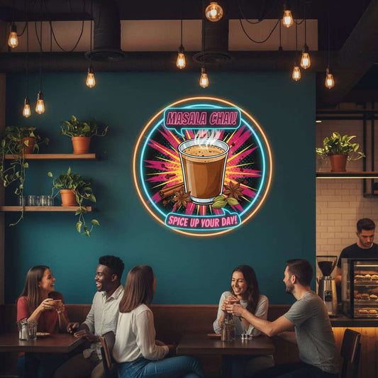Neon-style advertisement for Masala Chai with a cup of tea, spices, and text on a black background.