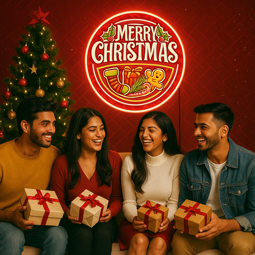 Merry Christmas Neon Sign – Festive LED Wall Light for Holiday Decor (Red neon boarder) Neonsignsindia