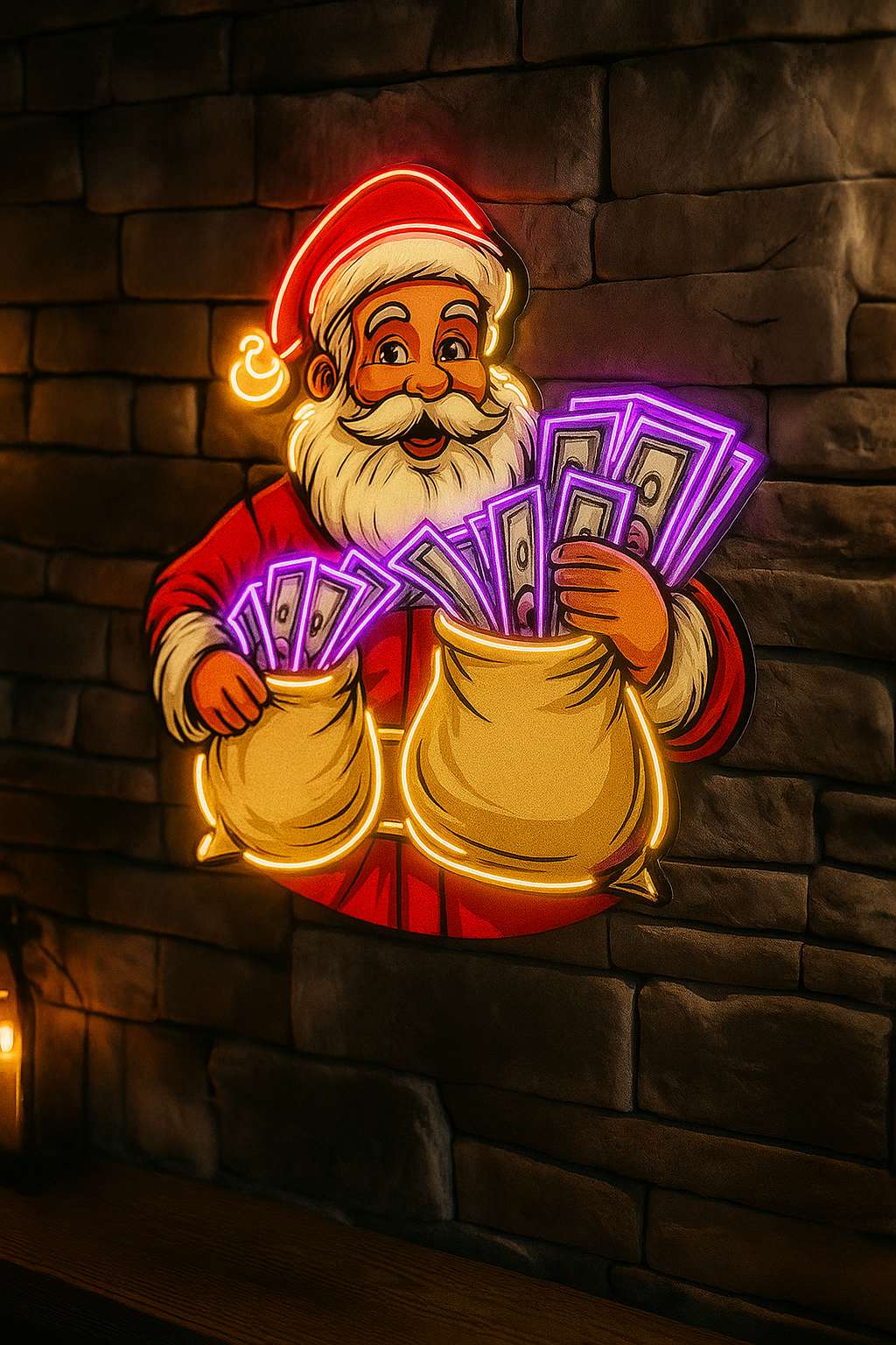 Money Bag Santa Neon Sign – Christmas Neon+poster Wall Art (22x24 inches) Neonsignsindia