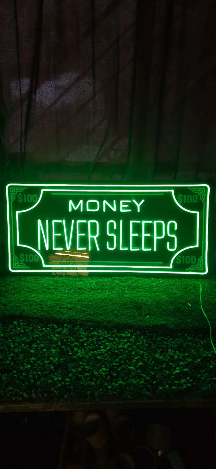 💸 Money Never Sleeps Neon Sign – Green Hustle LED Wall Art (36*18 INCH) | Neon Signs India — Image 3