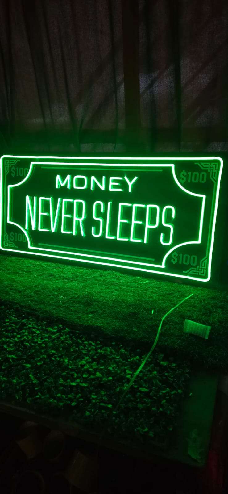 💸 Money Never Sleeps Neon Sign – Green Hustle LED Wall Art (36*18 INCH) | Neon Signs India — Image 4