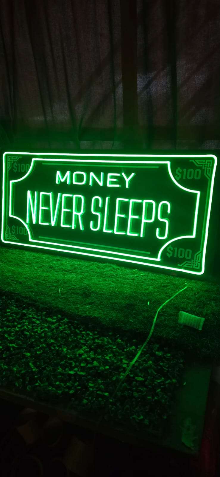 💸 Money Never Sleeps Neon Sign – Green Hustle LED Wall Art (36*18 INCH) | Neon Signs India — Image 2
