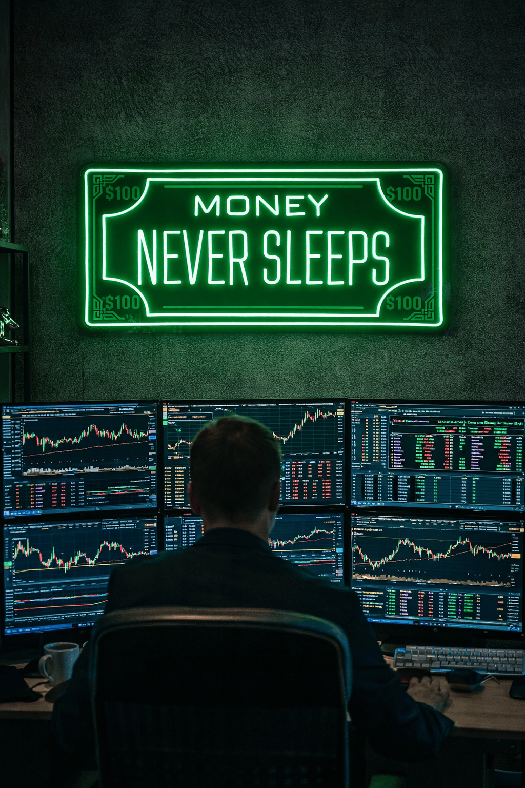 💸 Money Never Sleeps Neon Sign – Green Hustle LED Wall Art (36*18 INCH) | Neon Signs India — Image 1