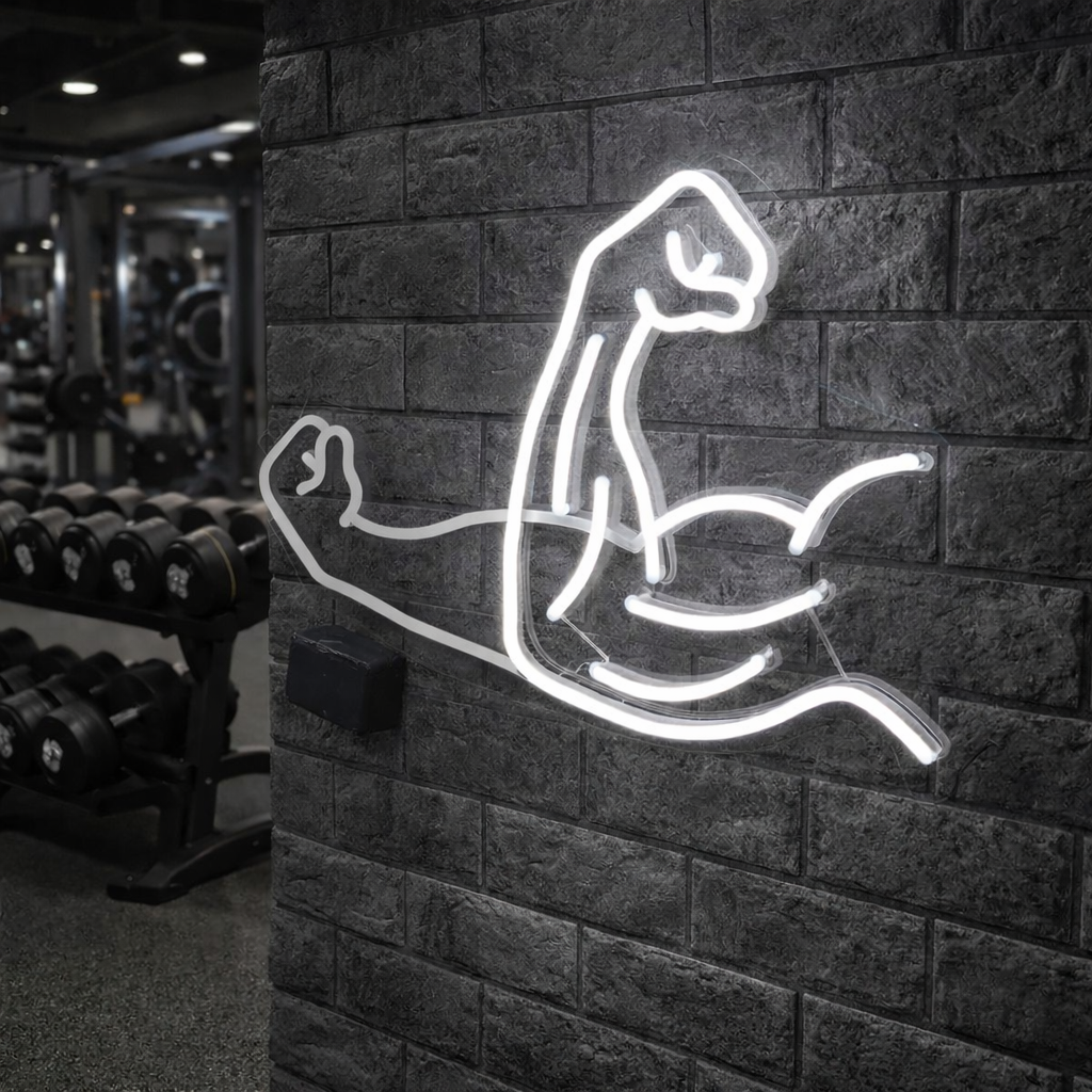 Muscle Power White Neon Sign | Gym Motivation LED Wall Art Neonsignsindia
