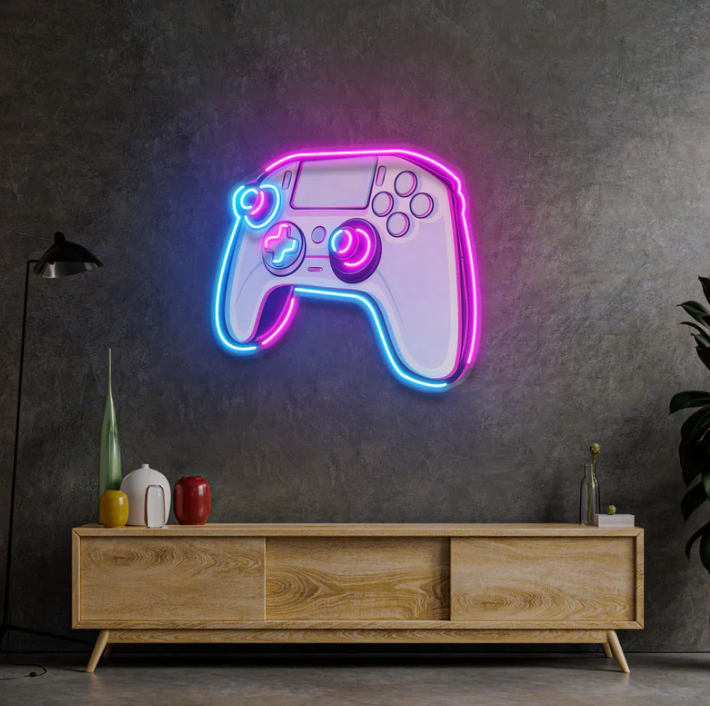 Neon Game Controller Sign – Pink & Blue LED Wall Light for Game Room Neonsignsindia