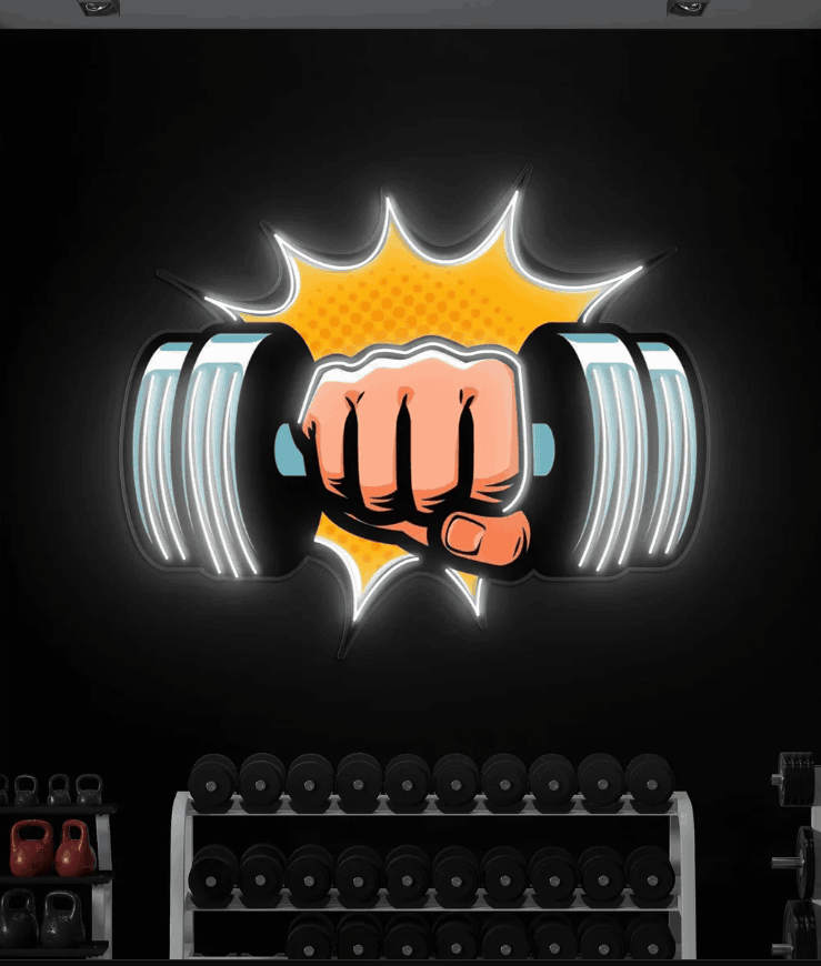 Power Punch Dumbbell UV Print Neon Wall Art – Gym Strength LED Neon Sign | Neon Signs India — Image 2
