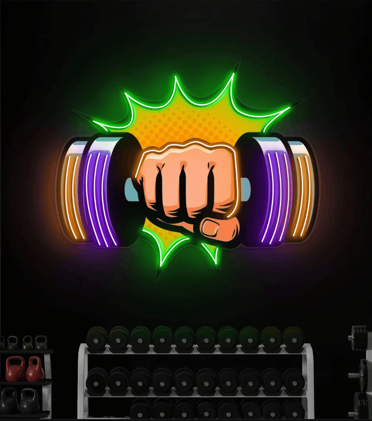Power Punch Dumbbell UV Print Neon Wall Art – Gym Strength LED Neon Sign | Neon Signs India — Image 3